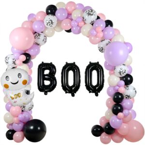 halloween balloon garland kit, 111 pcs 18" 12" 5" black pink purple latex balloons with 18" boo ghost foil balloon halloween decorations for girls halloween day decoration halloween party supplies