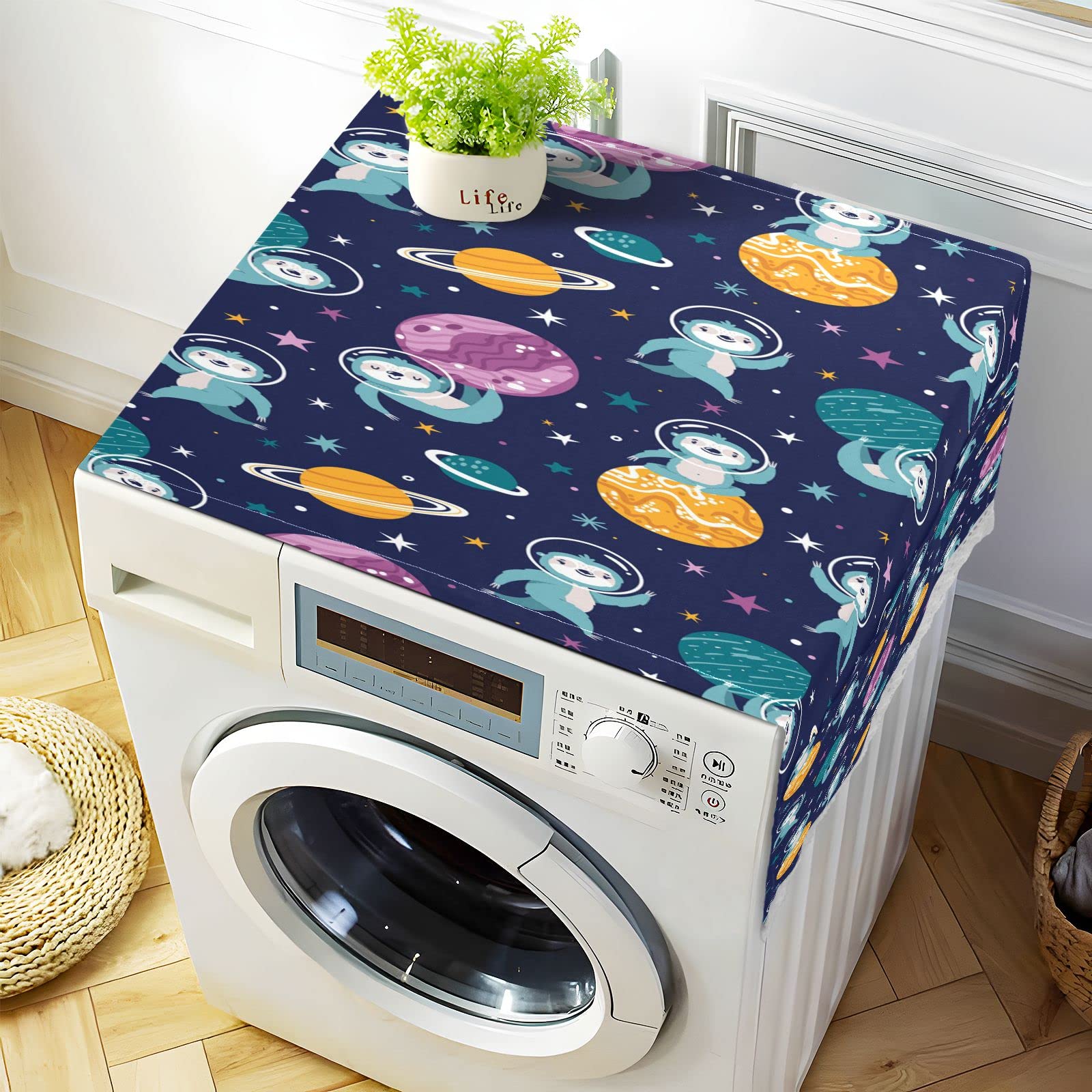 Kigai Cute Sloth Space Star Washing Machine Cover, Top Load Washer Dryer Fabric Cover with Storage Bags for Home Appliances Dust Proof Covers for Refrigerator Oven