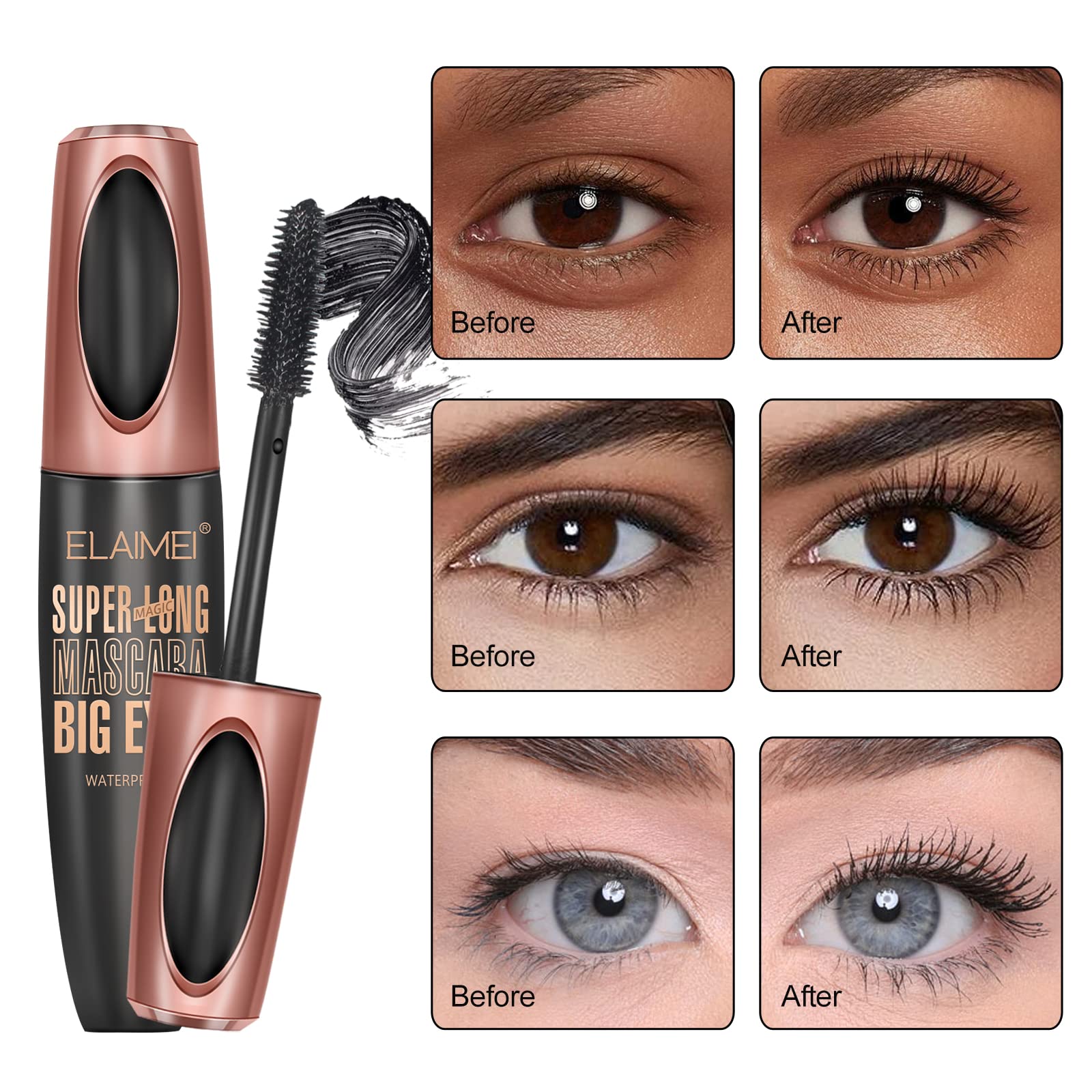 4D Silk Fiber Big Eye Lash Mascara, Mascara Black Volume And Length Intense Long Lasting, Waterproof No Clumping, Lengthening Thicking Volumizing Luxuriously Longer Mascara