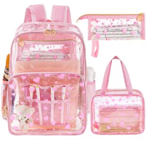 eccliy 3 clear backpack stadium approved backpack kids backpacks for girls boys first grade backpack for girls boys (pink heart,11 inch)