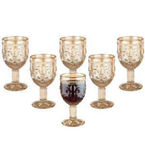 vintage wine glasses set of 6, 10 oz colored glass water goblets, unique embossed pattern high clear stemmed glassware wedding party bar drinking cups golden amber 6 pack