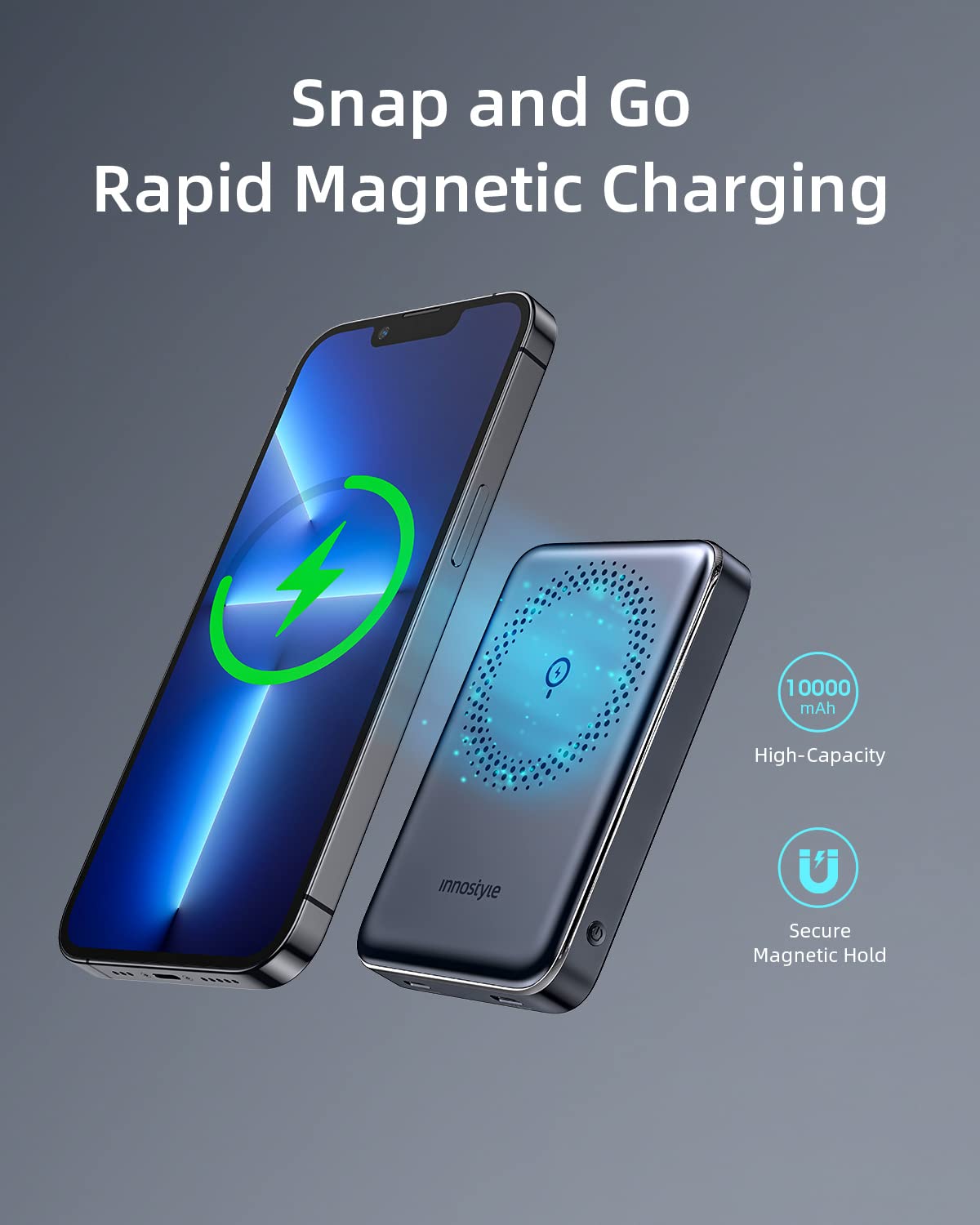 Innostyle Magnetic Wireless Power Bank, 10000mAh Magnetic iPhone Charger with USB-C Cable PD 20W Fast Charging, Wireless Portable Charger for iPhone 15/14/13/12 Plus Mini Pro Max