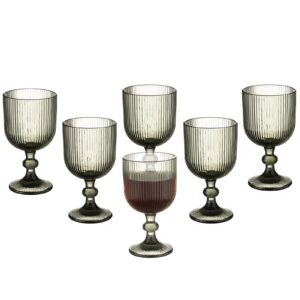 vintage wine glasses set of 6, 11 ounces colored glass water goblets, unique embossed pattern high clear stemmed glassware wedding party bar glass drinking cups vertical line grey