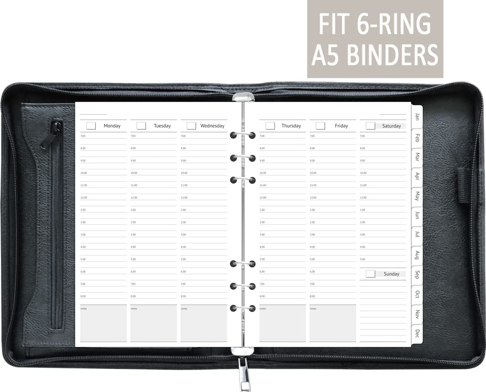 A5 Planner Inserts, Undated Weekly Planner Refills with Coated Monthly Tabs, Daily Schedule, Note Pages, Start Any Time