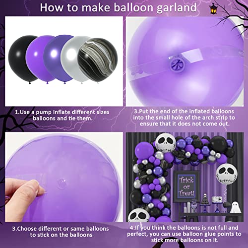 Janinus Halloween Balloons Arch Garland Kit 130PCS Black Purple Sliver Balloons 18 12 5Inch Halloween Balloons Kit With Marble Balloons And Scary Skull Foil Balloons for Halloween Party Decorations