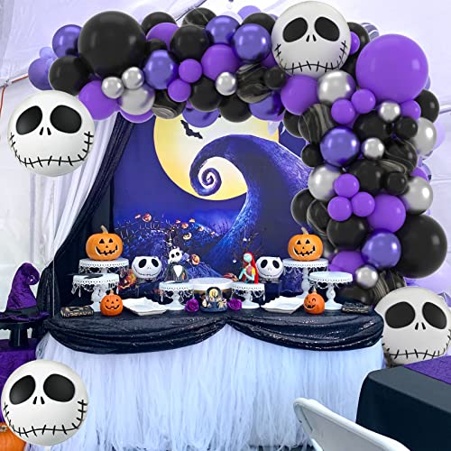 Janinus Halloween Balloons Arch Garland Kit 130PCS Black Purple Sliver Balloons 18 12 5Inch Halloween Balloons Kit With Marble Balloons And Scary Skull Foil Balloons for Halloween Party Decorations