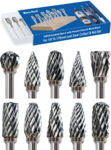 mars-rock carbide burr set compatible with dremel milwaukee 1/8" shank 10pcs w/wood base die grinder rotary tool rasp bits accessories attachments metal wood stone plastic carving cutting grinding