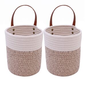 hanging storage baskets set of 2 for wall/door/garage/cabinets/closet organizer 6.7"x7.9" small woven cotton rope basket with leather handle home décor for plants