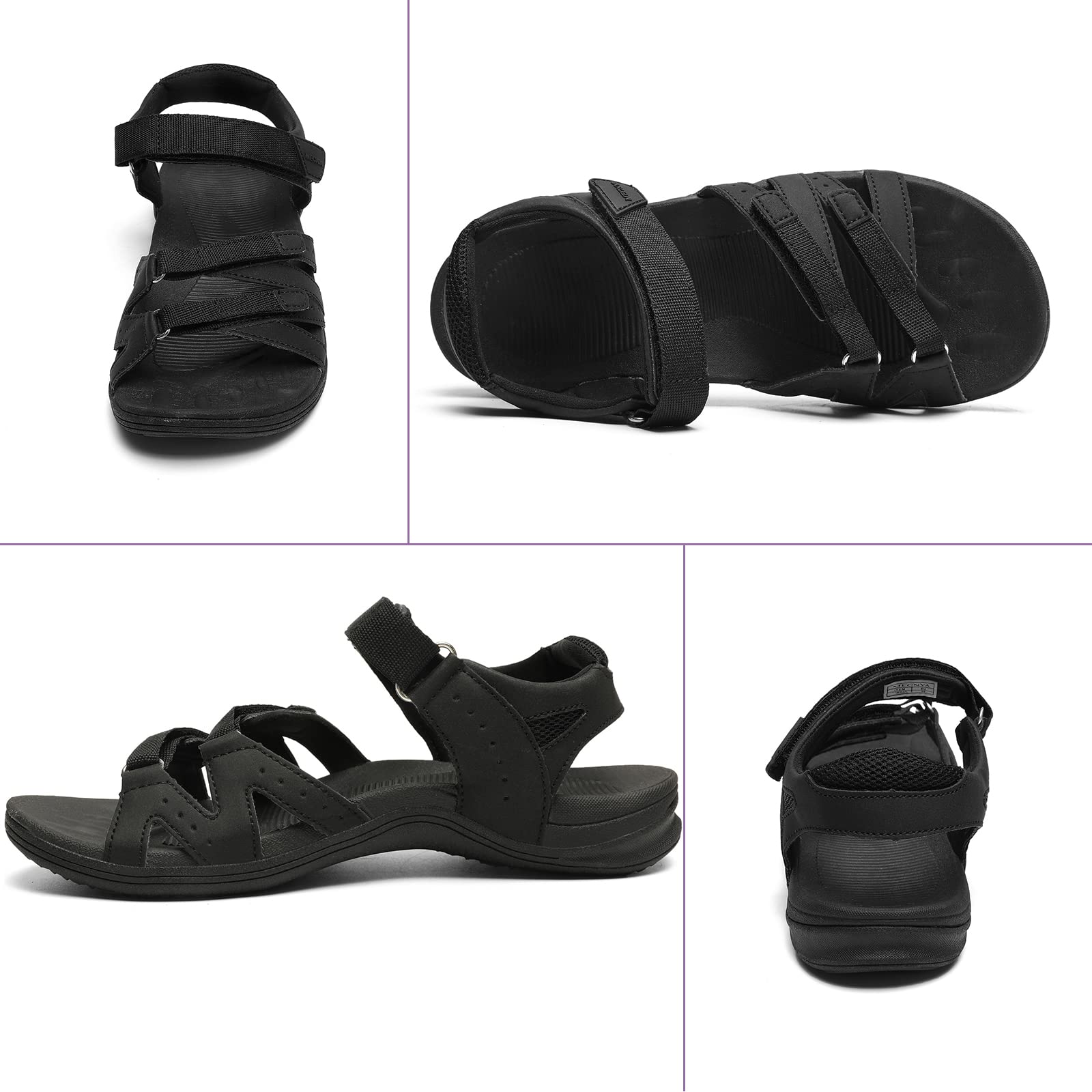 MEGNYA Women's Hiking Cushioned Sandals, Non Slip Walking Sandals for Adventure Black Size 8