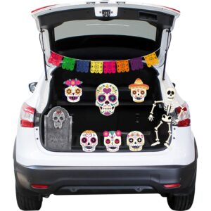 haooryx 23pcs trunk or treat skull day of dead decoration kit, mexican day of the dead trunk or treat decor for cars suv archway garage decor dia de los muertos skull skeleton halloween car decoration