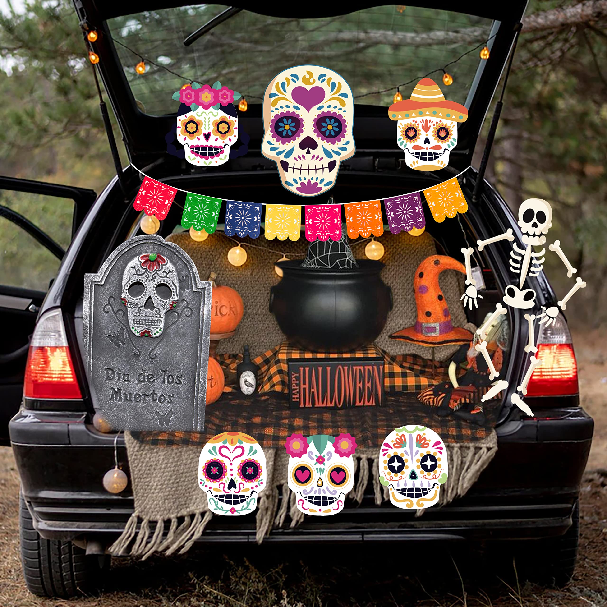 Haooryx 23Pcs Trunk Or Treat Skull Day of Dead Decoration Kit, Mexican Day of The Dead Trunk or Treat Decor for Cars SUV Archway Garage Decor Dia de Los Muertos Skull Skeleton Halloween Car Decoration