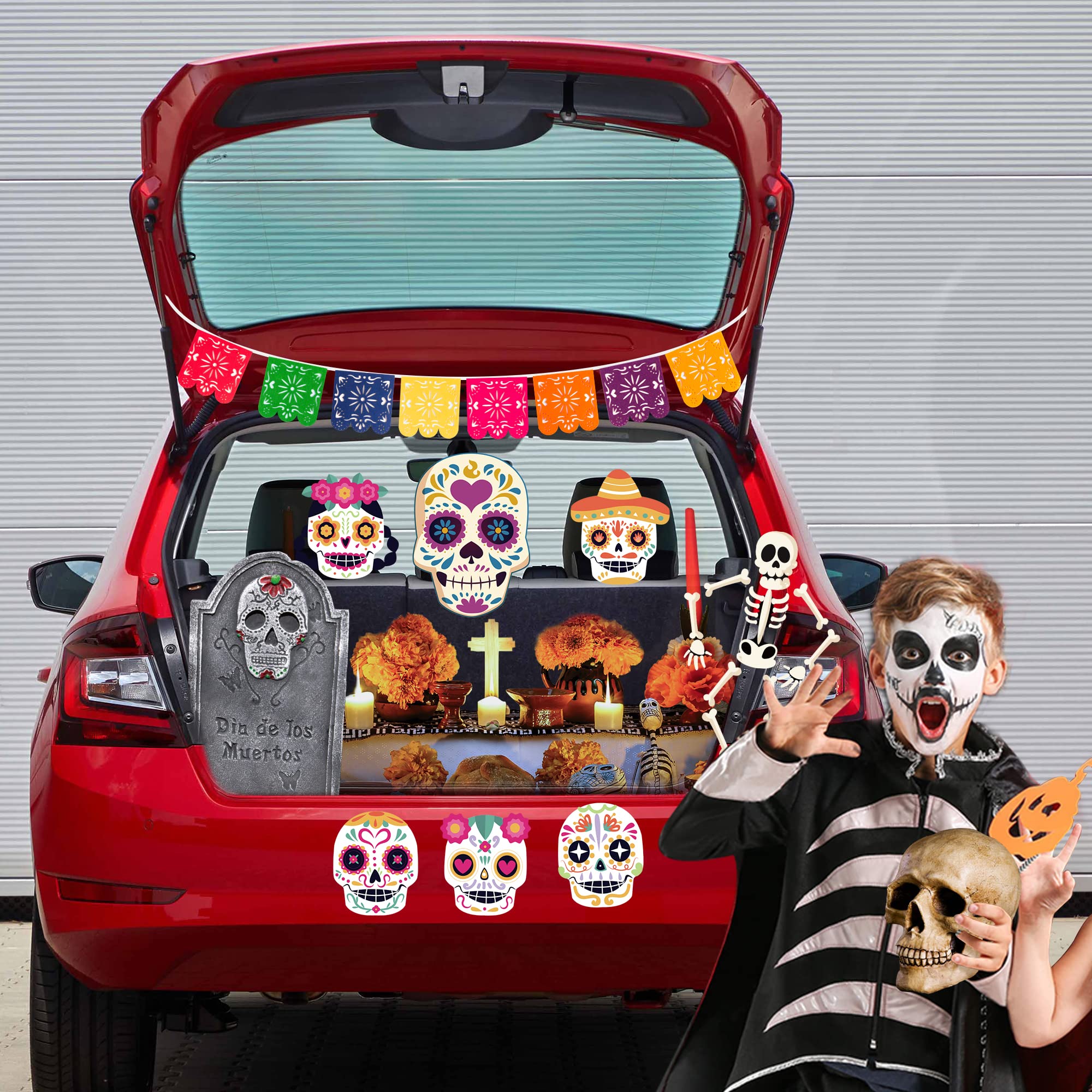 Haooryx 23Pcs Trunk Or Treat Skull Day of Dead Decoration Kit, Mexican Day of The Dead Trunk or Treat Decor for Cars SUV Archway Garage Decor Dia de Los Muertos Skull Skeleton Halloween Car Decoration