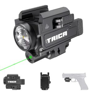 trica 800 lumens compact green/red laser light combo, compact rechargeable tactical flashlight with green beam quick release strobe function laser light combo with 1913 or gl rail, built-in batter