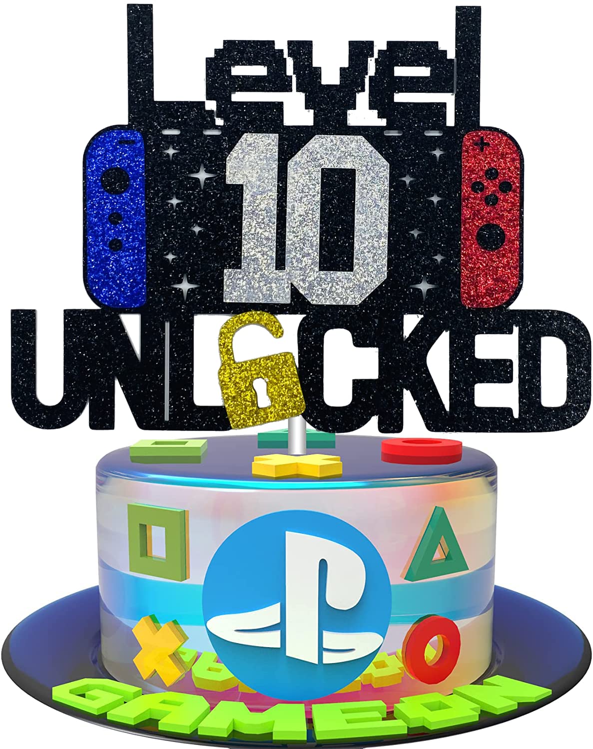 10th Birthday Video Game Cake Topper Level 10 Unlocked Cake Topper for Kids Boy Girl 10-Years-Old Birthday Party Decoration