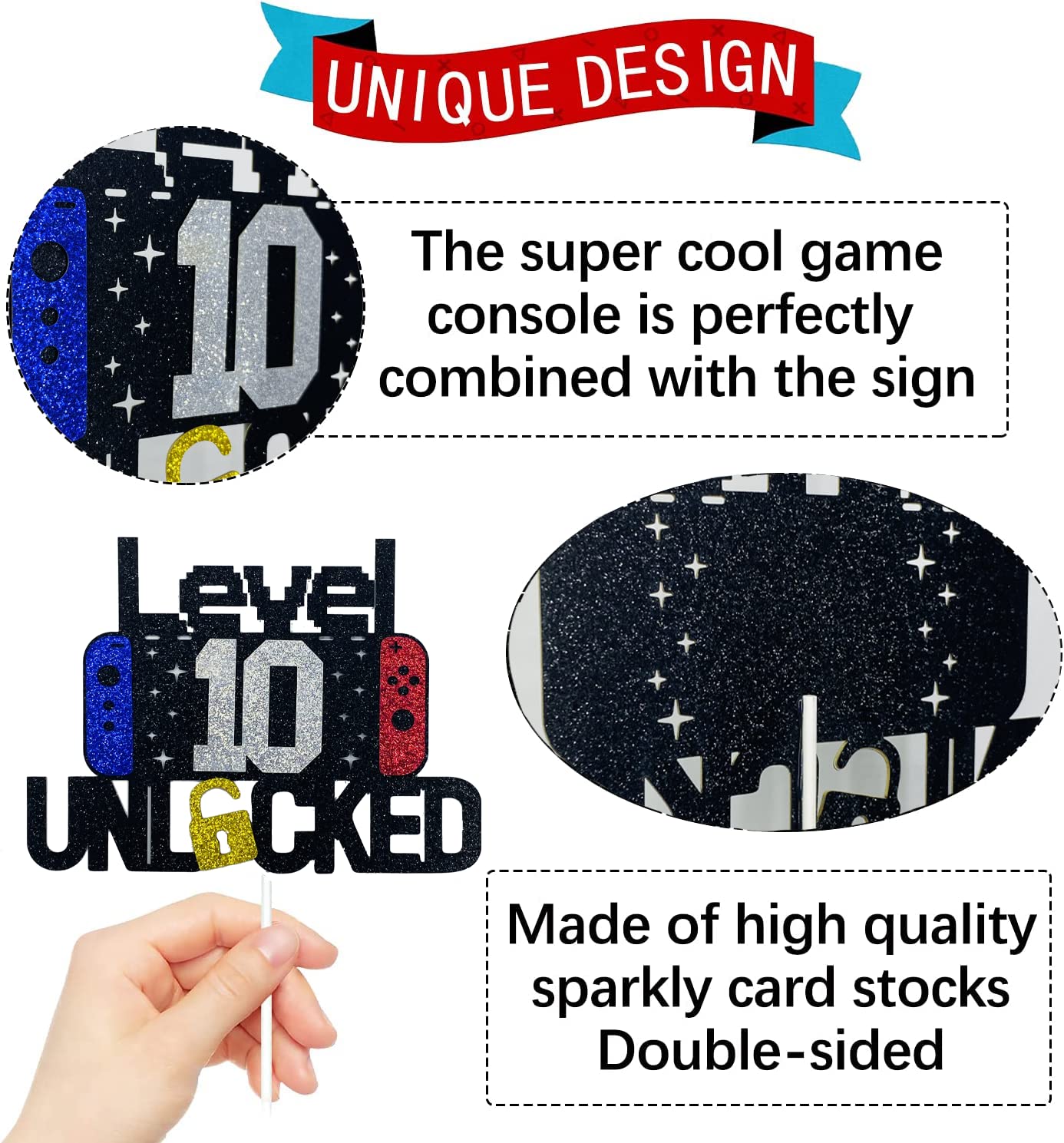 10th Birthday Video Game Cake Topper Level 10 Unlocked Cake Topper for Kids Boy Girl 10-Years-Old Birthday Party Decoration