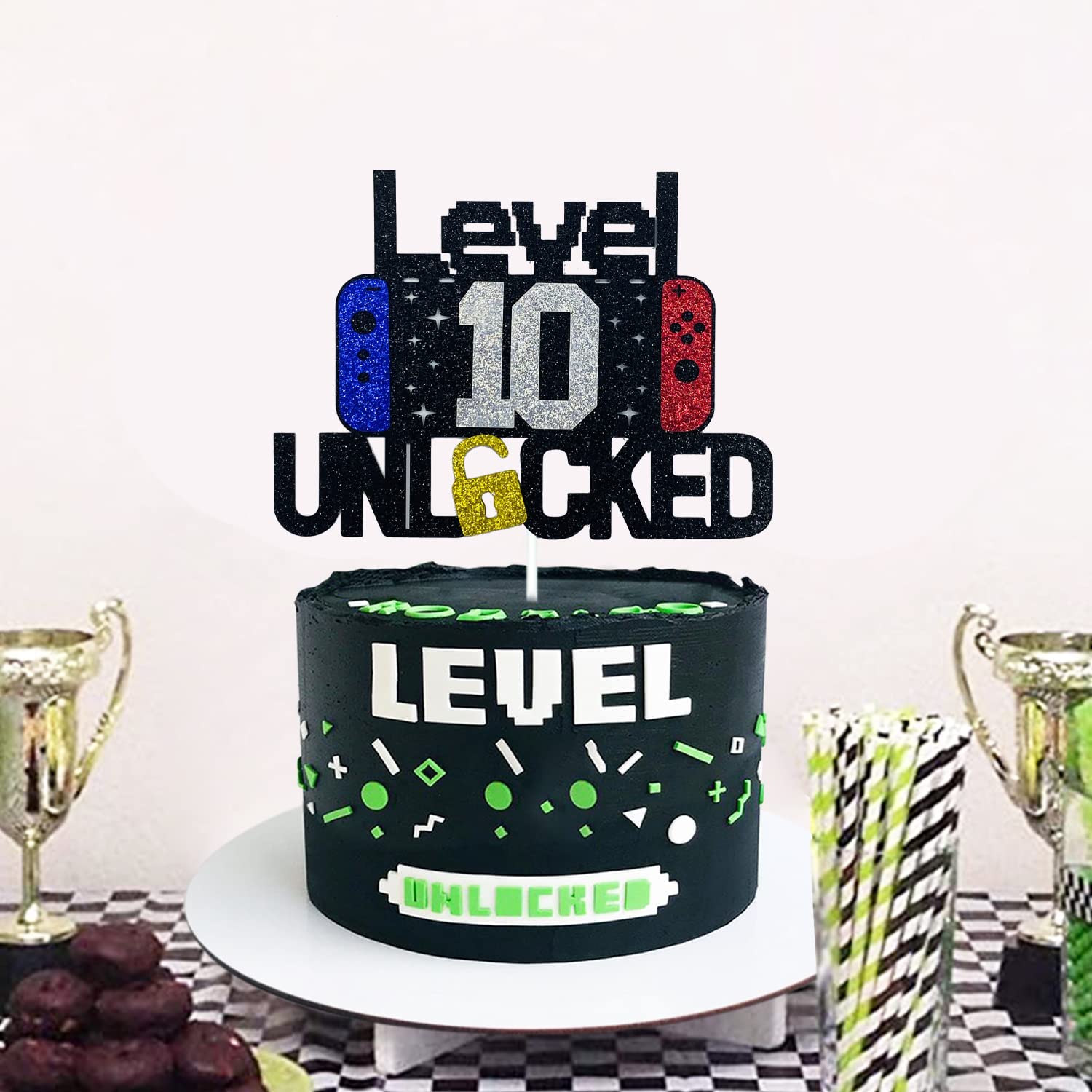 10th Birthday Video Game Cake Topper Level 10 Unlocked Cake Topper for Kids Boy Girl 10-Years-Old Birthday Party Decoration