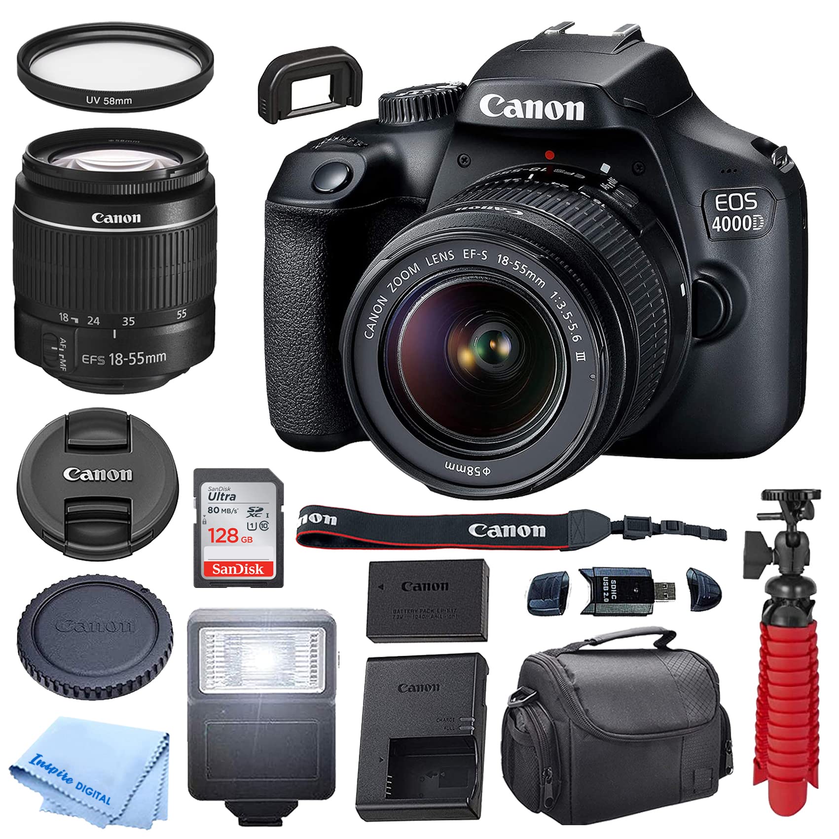 Canon EOS 4000D DSLR Camera w/Canon EF-S 18-55mm F/3.5-5.6 III Zoom Lens + Case + 128GB SD Card + Inspire Digital Cloth (15pc Bundle) (Renewed)