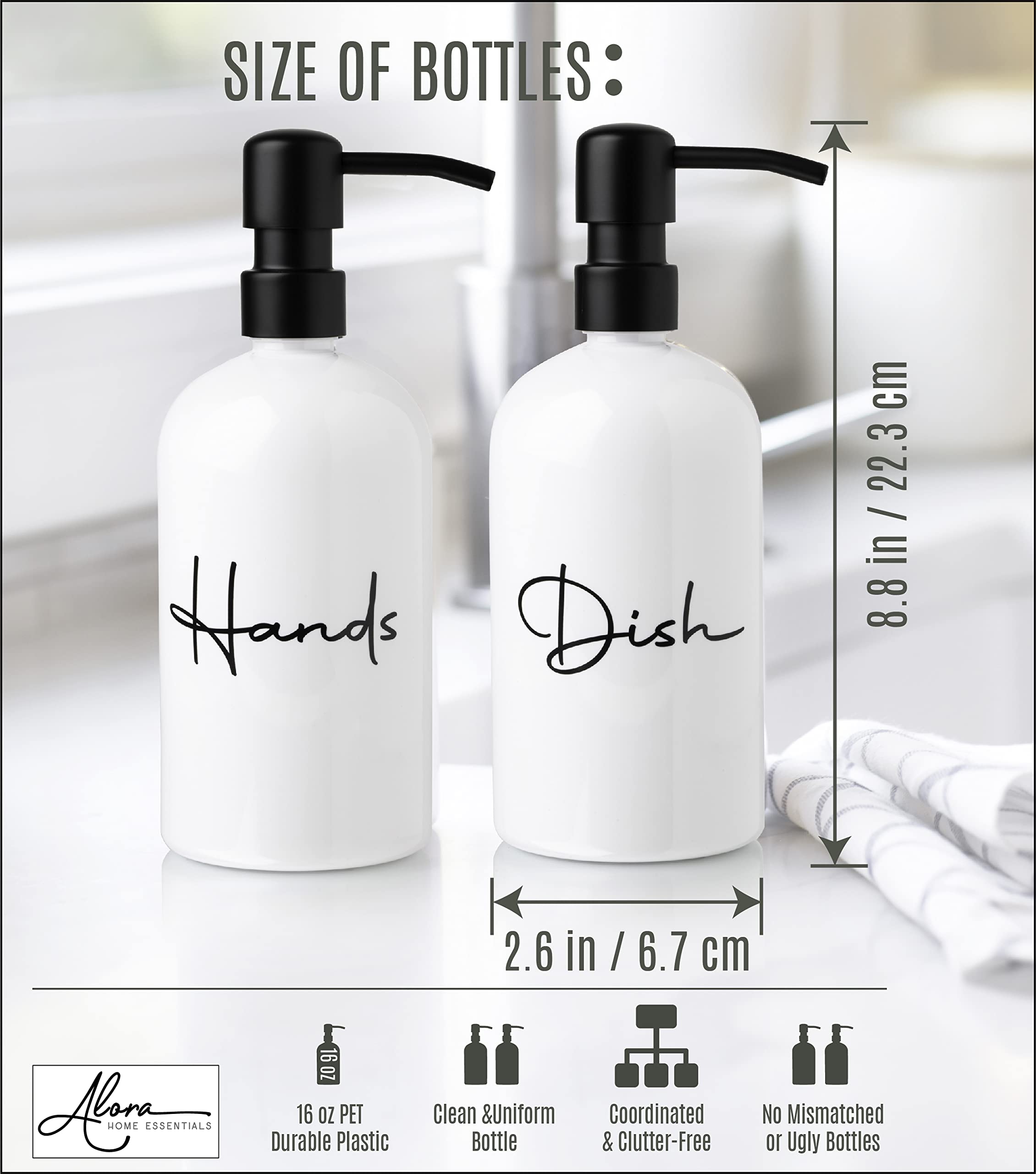 Alora Hand Soap Dispenser and Liquid Dish Soap Dispenser for Kitchen Sink - Set of 2 - Black Metal Pumps - Reusable Plastic Bottle with Easy to Read Lettering - Countertop Replacement Refill