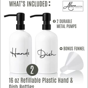 Alora Hand Soap Dispenser and Liquid Dish Soap Dispenser for Kitchen Sink - Set of 2 - Black Metal Pumps - Reusable Plastic Bottle with Easy to Read Lettering - Countertop Replacement Refill