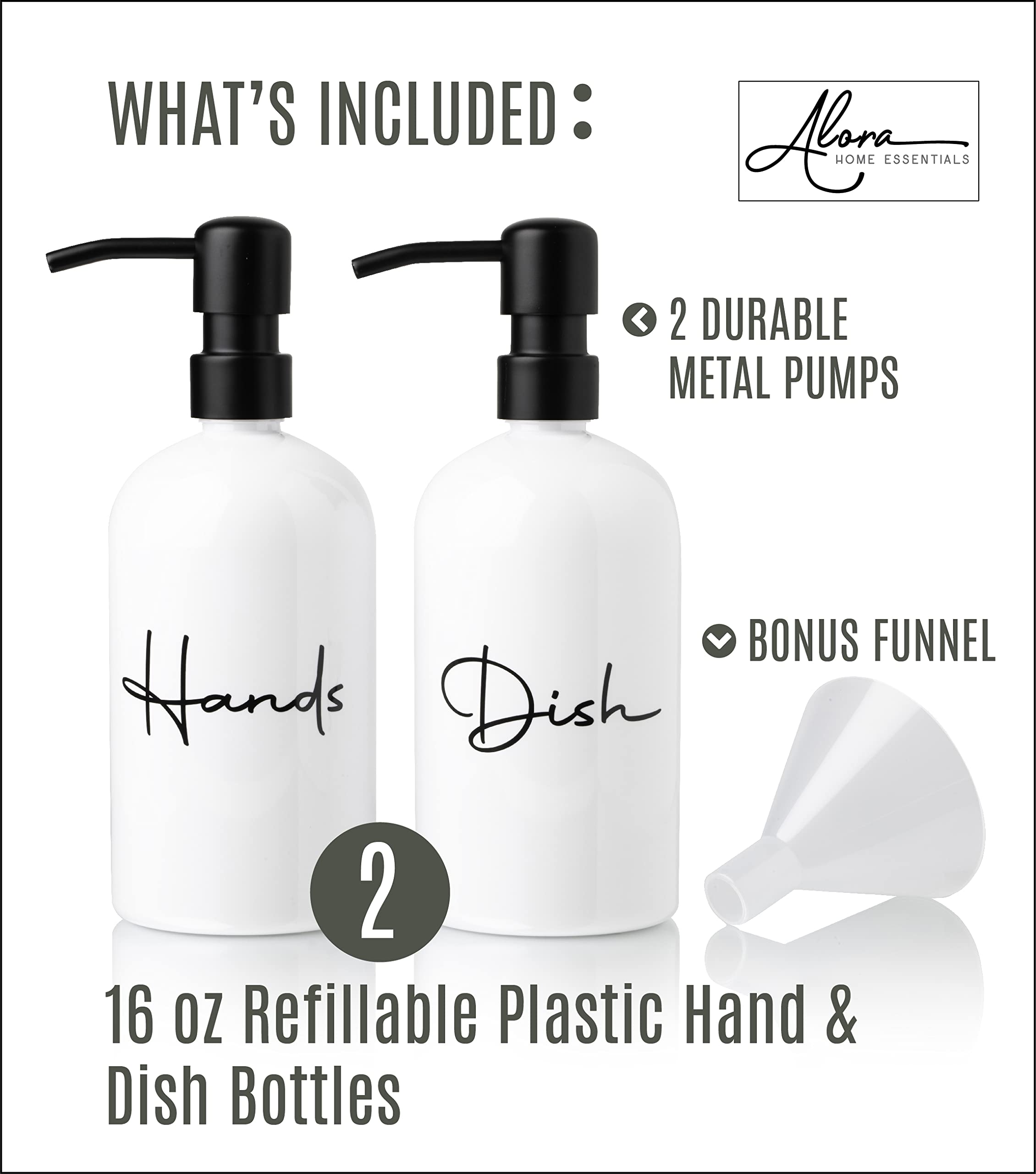 Alora Hand Soap Dispenser and Liquid Dish Soap Dispenser for Kitchen Sink - Set of 2 - Black Metal Pumps - Reusable Plastic Bottle with Easy to Read Lettering - Countertop Replacement Refill