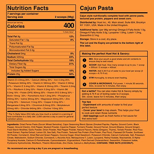 Huel Hot and Savory Instant Meal Replacement - Cajun Pasta - 14 Scoops Packed with 100% Nutritionally Complete Food, Including 25g of Protein, 6g of Fiber, and 27 Vitamins and Minerals