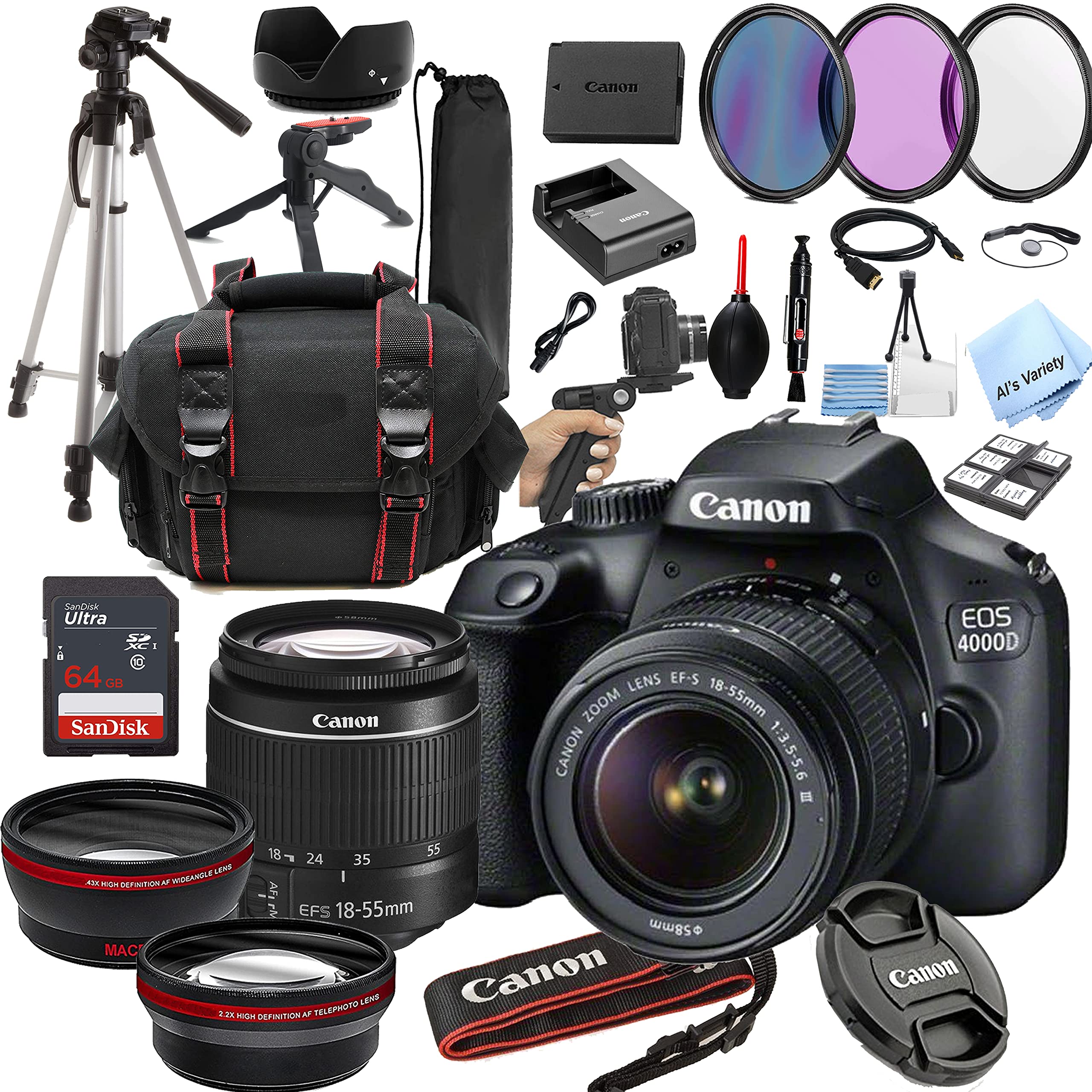 EOS 4000D DSLR (Rebel T100) W/ 18-55mm Zoon Lens |18 Megapixels CMOS | Full HD Video +64GB Memory, Wide Angle + Telephoto Lens, Filters, Case, Tripod + More (28PC Bundle Kit)