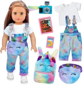 zita element 7 pcs 18 inch girl doll clothes and accessories - 18 inch doll clothes with fanny pack toy tablet phone camera and kids unicorn backpack - best gift for girls (no doll)