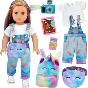 ZITA ELEMENT 7 Pcs 18 Inch Girl Doll Clothes and Accessories - 18 Inch Doll Clothes with Fanny Pack Toy Tablet Phone Camera and Kids Unicorn Backpack - Best Gift for Girls (No Doll)