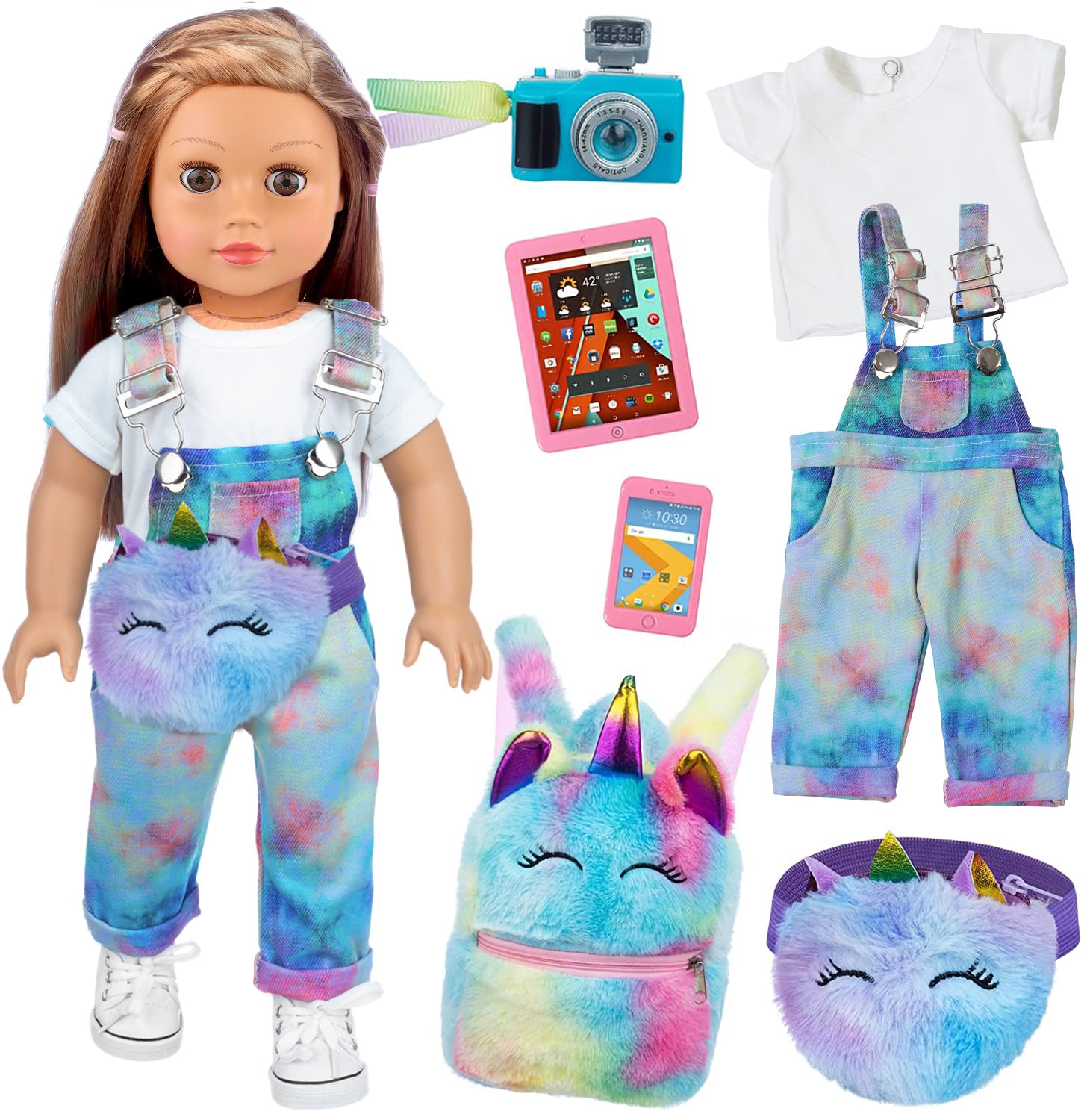 ZITA ELEMENT 7 Pcs 18 Inch Girl Doll Clothes and Accessories - 18 Inch Doll Clothes with Fanny Pack Toy Tablet Phone Camera and Kids Unicorn Backpack - Best Gift for Girls (No Doll)