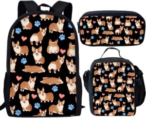 toaddmos corgi print boys girls fashion school bag set backpack with lunch box and pencil case, middle school student bookbag set