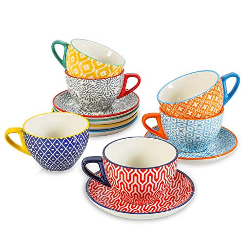 KitchenTour Espresso Cups and Saucers set, 6-pack,7oz - Cappuccino Cups with handle set of 6 - Teacup for Tea Party Bohemia style