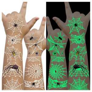 cerlaza 10 sheets glow spider web temporary tattoos for halloween decorations, fake small spider tattoos for halloween party games favors, halloween treats gifts for adults kids