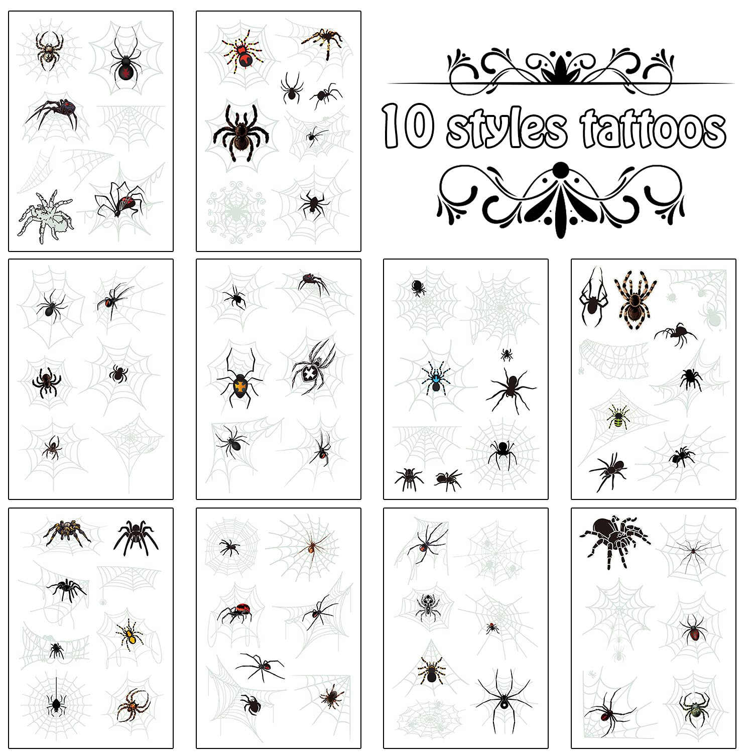 Cerlaza 10 Sheets Glow Spider Web Temporary Tattoos for Halloween Decorations, Fake Small Spider Tattoos for Halloween Party Games Favors, Halloween Treats Gifts for Adults Kids