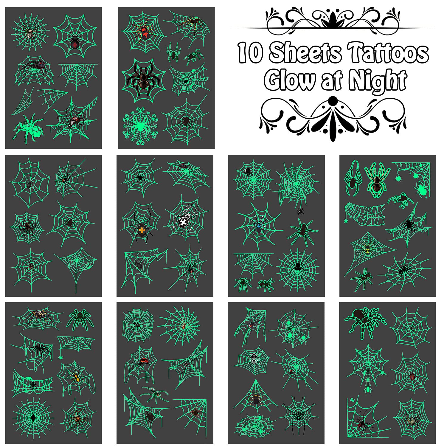 Cerlaza 10 Sheets Glow Spider Web Temporary Tattoos for Halloween Decorations, Fake Small Spider Tattoos for Halloween Party Games Favors, Halloween Treats Gifts for Adults Kids