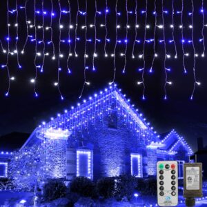 brightown christmas icicle lights outdoor, 33 feet 72 drops with 384 led, 8 modes waterproof connectable twinkle fairy string light for christmas thanksgiving hanging icicles (blue & white)