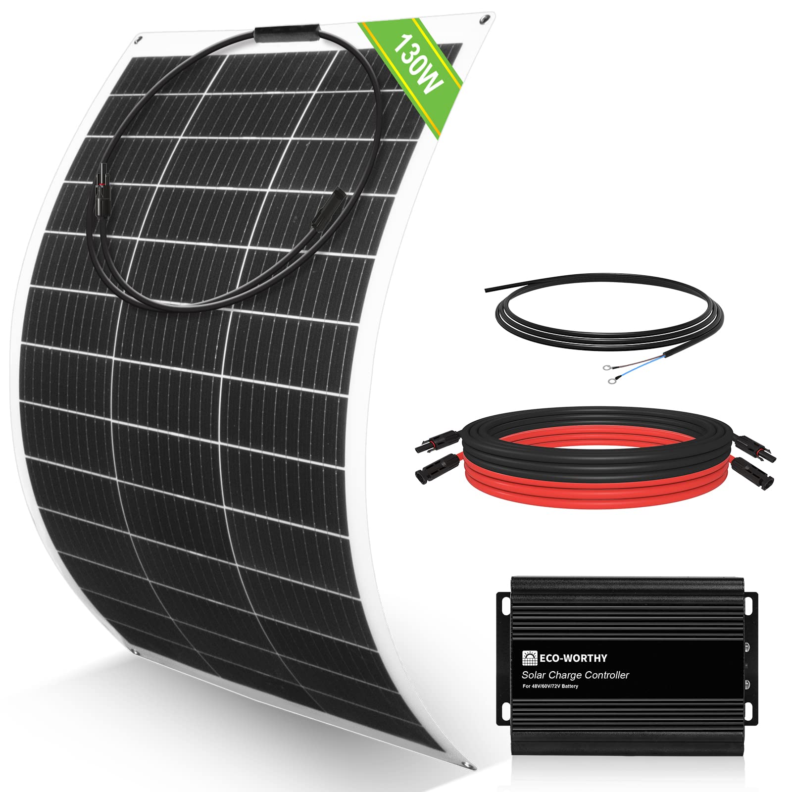 ECO-WORTHY 130W Flexible Solar Panel Kit for Golf Cart,520wh/day Generation, Charge While Driving, Extend Battery Life,Go Further：1pc 130W Solar Panel+48V/60V/72V MPPT Boost Charge Controller