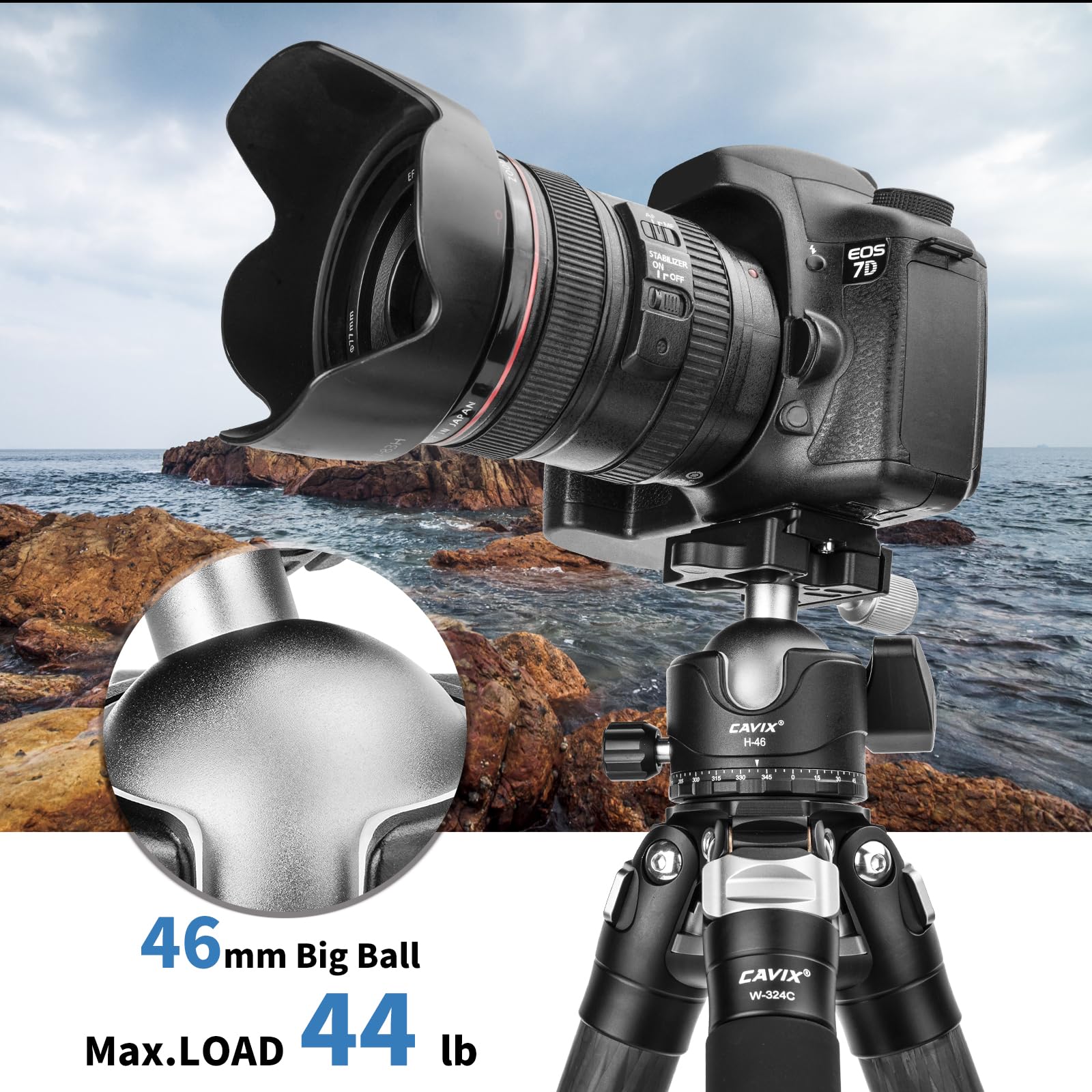 Tripod Ball Head, CAVIX H-46 Metal Ball Head Camera Tripod Head 44lbs/20kg Load with Arca Swiss Quick Release Plate for Tripod, Monopod, DSLR, Camera