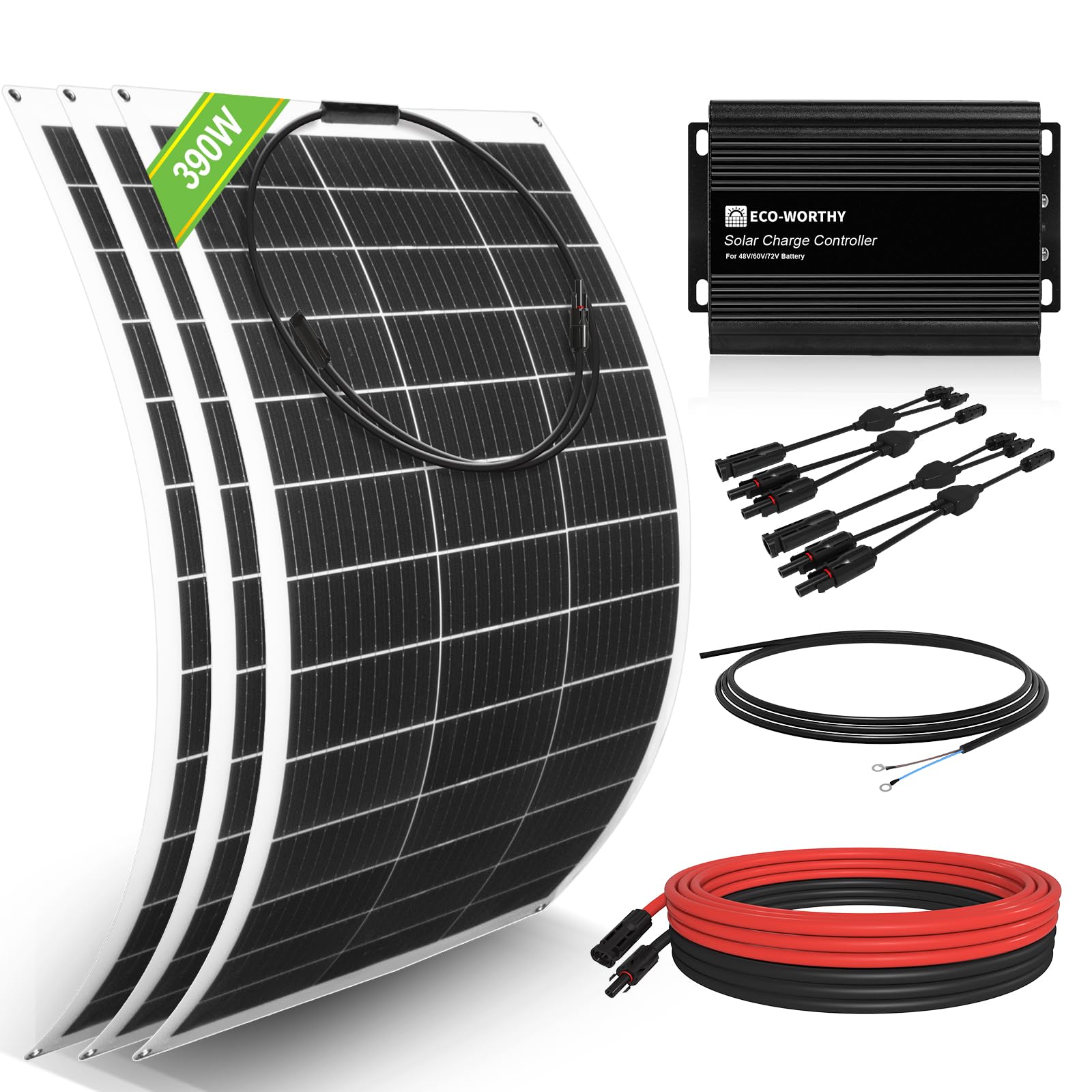 ECO-WORTHY 390W Flexible Solar Panel Kit for Golf Cart,1560wh/day Generation,Charge While Driving,Extend Battery Life,Go Further：3pcs 130W Solar Panel+48V/60V/72V MPPT Boost Charge Controller