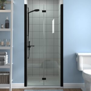 exbrite 34-35.5 in.w x 72 in.h bifold frameless glass shower door,1/4 in. fold clear glass shower panel pivot swing shower doors,matte black finish,reversible installation
