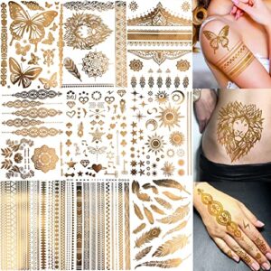 bilizar 9 sheets 110+ designs flash gold temporary tattoos metallic for women adult, girl golden lion festival sun moon star butterfly glitter tattoo sticker, fake tattoos that look real and last long
