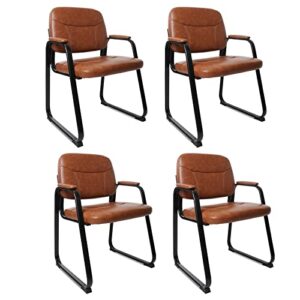 clatina reception chair with sled base and bonded leather padded armrests, modern style guest chair for office meeting waiting room conference desk, brown (4 pack)