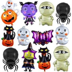 ASTARON Halloween Balloons for Halloween Party Decorations，12pcs Halloween Foil Balloons Gifts Witch Cat Pumpkin Ghost Balloons for Halloween Party Favors Supplies