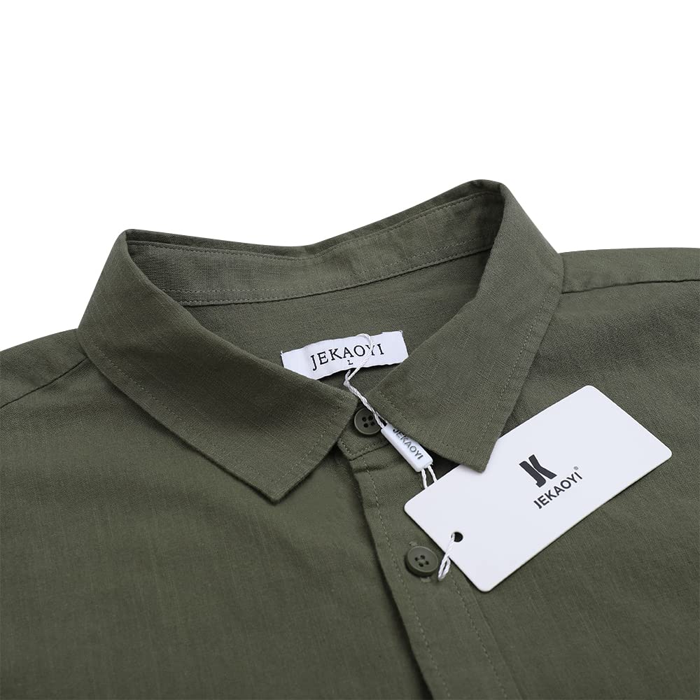 JEKAOYI Mens Casual Long Sleeve Cotton Linen Shirts Buttons Down Solid Plain Roll-Up Sleeve Summer Beach Shirts Olive Green