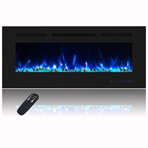 masarflame 42 inch electric fireplace, recessed and wall mount fireplace heater, quiet & linear fireplace insert with 13×13 adjustable flame color, thermostat & timer, remote & touch screen