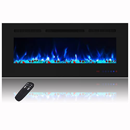 Masarflame 42 Inch Electric Fireplace, Recessed and Wall Mount Fireplace Heater, Quiet & Linear Fireplace Insert with 13×13 Adjustable Flame Color, Thermostat & Timer, Remote & Touch Screen