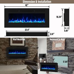 Masarflame 42 Inch Electric Fireplace, Recessed and Wall Mount Fireplace Heater, Quiet & Linear Fireplace Insert with 13×13 Adjustable Flame Color, Thermostat & Timer, Remote & Touch Screen