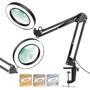 Magnifying Glass with Light and Stand,5X&10x Real Glass Desktop Magnifier with Light,3 Color Stepless Dimmable Adjustable Swing Arm Lighted Magnifying Desk Lamp for Close Work,Crafts,Sewing,Soldering