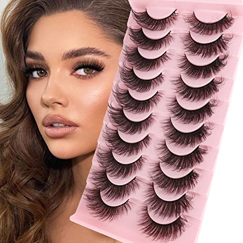 MilyBest Lashes False Eyelashes 10 Pairs Cat Eye Lashes Fluffy Wispy D Curl Volume Pestañas Postizas Bulk Strip Natural Look Lashes Sets Pack Faux Mink Eyelashes