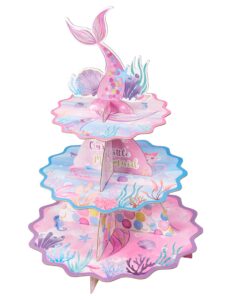 wernnsai mermaid cupcake stand - watercolor mermaid party decorations for girls 3 tier cardboard cupcake stand holder dessert tower ocean birthday party supplies baby shower round serving tray stand
