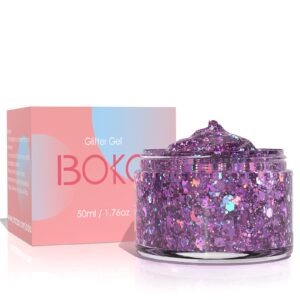 boko 1.76oz body glitter gel, holographic purple liquid chunky glitter lotion mermaid sequins for face hair and body makeup, festival clothing, rave accessories and costume - amethyst orchid